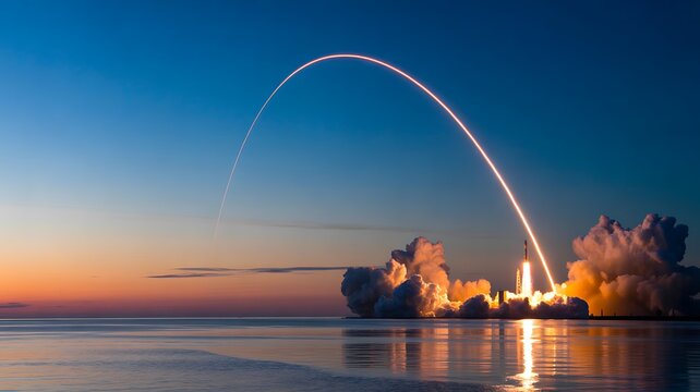 Rocket launch with bright trajectory and smoke plume at sunset over water