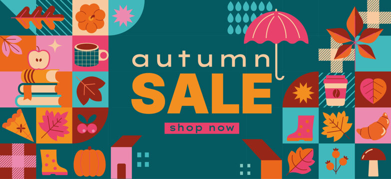 Modern autumn sale geometric poster. Horizontal discount banner with fall symbols- pumpkin, umbrella, coffee, hot tea, pie. Design for print, web, sales. Vector