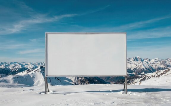 Blank billboard sign in snowy mountain landscape