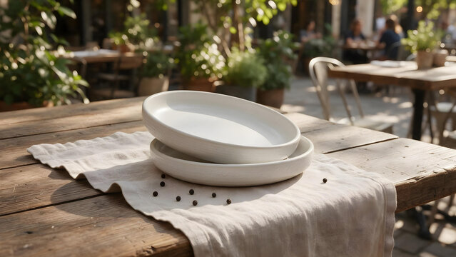 Stack of empty white ceramic plates on a linen runner on a rustic wooden table at an outdoor restaurant terrace