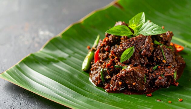 Spicy Stir Fried Beef Served on Fresh Green Banana Leaf Traditional Dish
