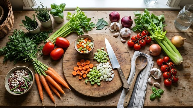 Top View of Fresh Vegetable Soup Ingredients Arranged on a Kitchen Table