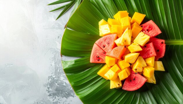 Fresh Tropical Fruit Salad Platter with Watermelon and Pineapple on Palm Leaf