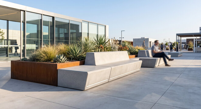 Modern urban plaza mockup featuring modular concrete benches, corten steel planters, and expansive pavement copy space.