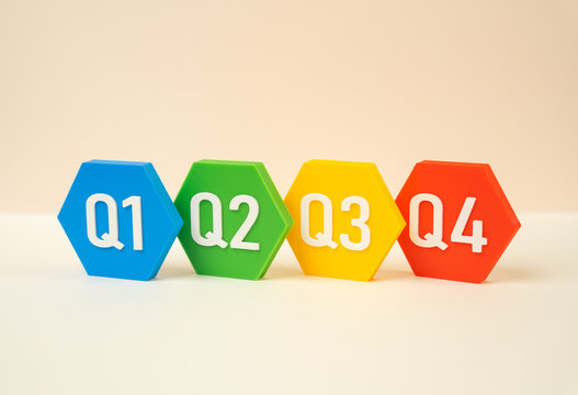 Business quarters, Q1 to Q4, business periods concept. Annual reporting, financial planning and company performance. Seasonal revenue, accounting deadlines and comparison of business results