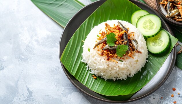 Coconut Rice Topped With Crispy Anchovies and Fresh Cucumber on Banana Leaf