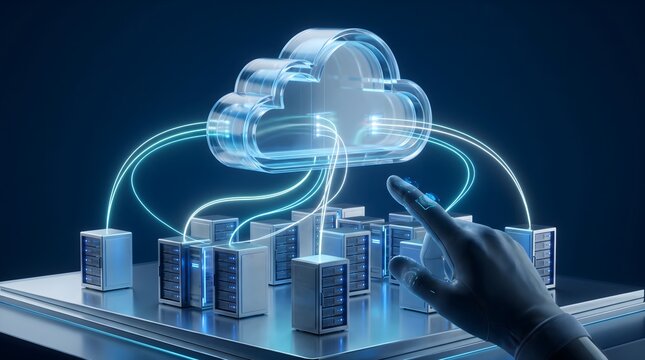 A human hand interacting with a glowing digital cloud computing network connected to futuristic server towers in dark space