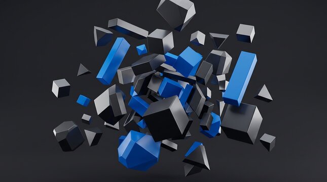 Exploded 3d geometric shapes in abstract dark background