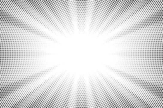 Black and white radial halftone pattern circles for creative graphic design backgrounds. 