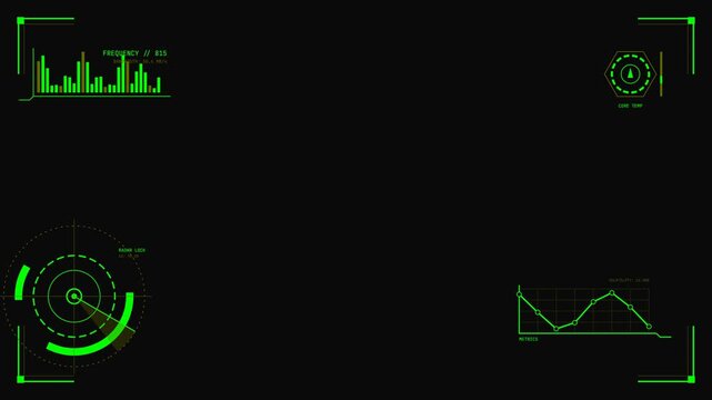 Green HUD Data Interface with Animated Charts Radar and Graphs for Sci-Fi Technology and Cyberpunk Hacking Visualization Background