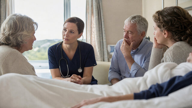 Compassionate female doctor talking to family in hospital room. Medical professional consulting with concerned relatives. Healthcare discussion.