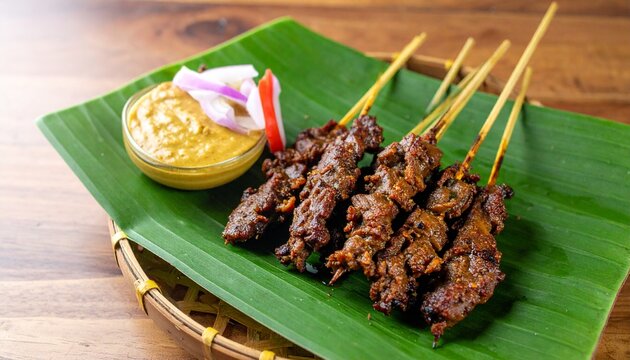 Traditional Asian Grilled Meat Skewers on Green Banana Leaf Background