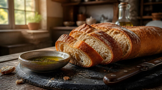 Sliced rustic crusty bread loaf with a bowl of olive oil on a dark slate board in a kitchen