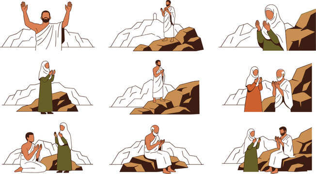 Muslim Pilgrims Praying at Mount Arafat Vector Character Set Performing Day of Arafa Rituals During Hajj and Umrah Islamic Religious Graphic Designs