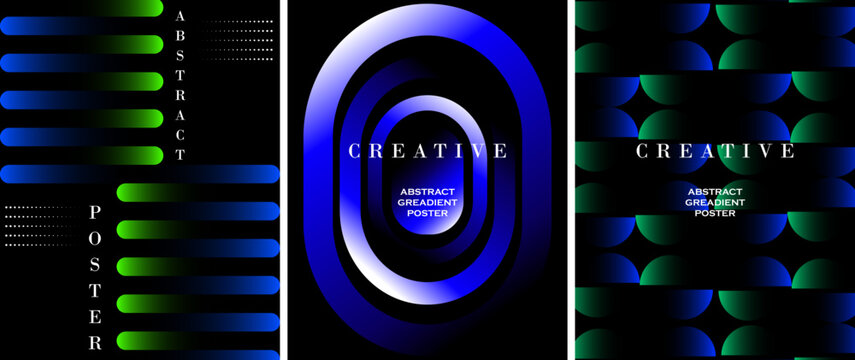 Set of Three Creative Abstract Gradient Posters with Rounded Bars, Concentric Rings and Half Circle Pattern in Blue and Green on Black Background