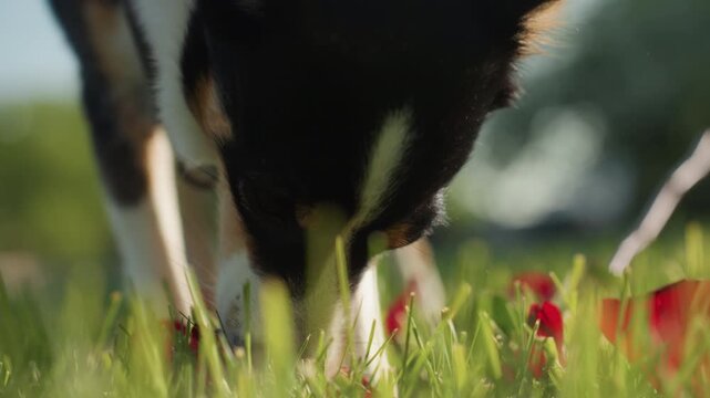 Close up of dog sniffing grass with red flowers in focus. animal moves slightly as it investigates ground maintaining attention on scents amidst green foliage and scattered petals. Soft