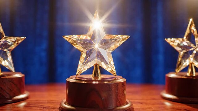 Three sparkling crystal star trophies on a wooden table, symbolizing success.