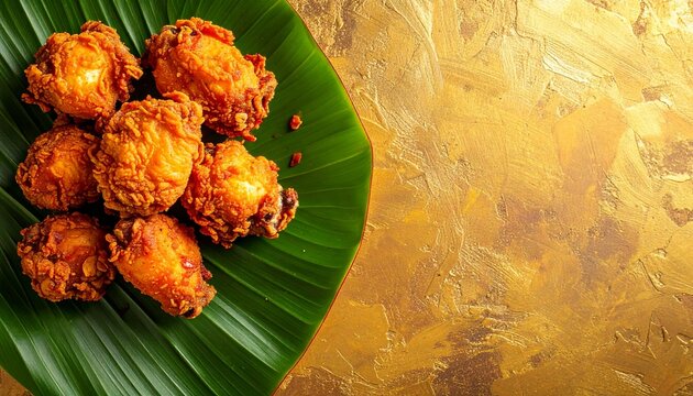 Crispy Fried Chicken Pieces Served on a Fresh Green Banana Leaf