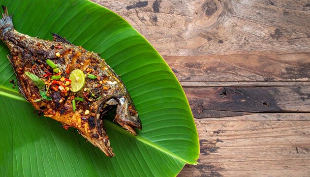 Steamed White Rice with Fresh Vegetable Side Dishes on Banana Leaf