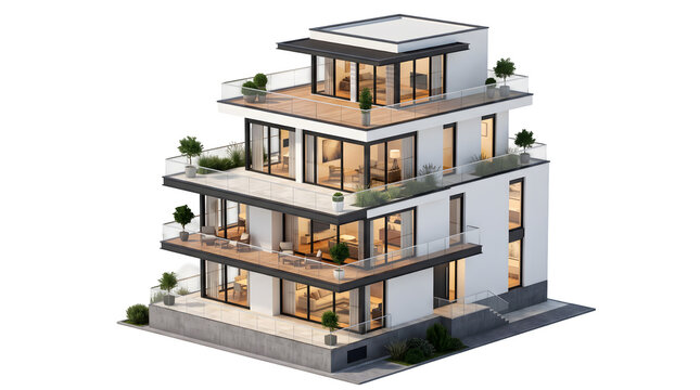 Modern luxury apartment building with balconies and rooftop terrace isolated on black background