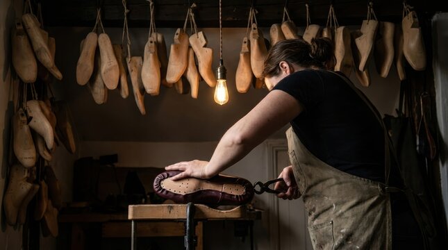 Cobbler crafting handmade footwear in a dim workshop