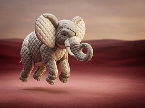 Quilted Elephant Plush Floating in a Surreal Desert Dreamscape