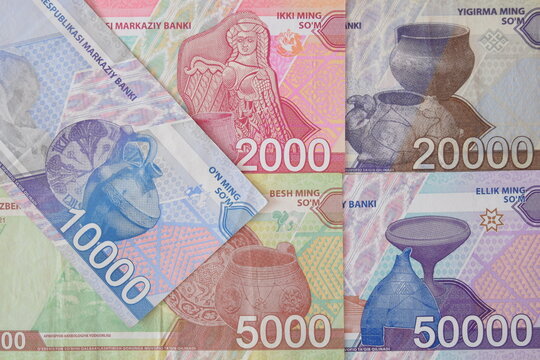 Modern Uzbekistani som (UZS) banknotes arranged together, featuring 2000, 5000, 10000, 20000, and 50000 so'm paper currency.