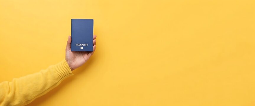 Hand holding blue passport against yellow background