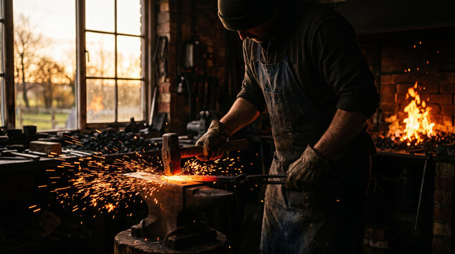 Blacksmith working metal with hammer and anvil in workshop with fire and sparks
