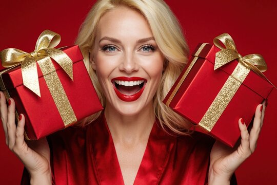 Excited blonde woman holds two red gift boxes with gold ribbons. She smiles widely with bright red lips against a red background. Her expression shows joy and anticipation for presents.