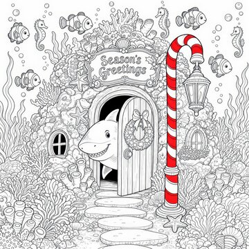 A coloring book page featuring a smiling shark peeking out of a decorative underwater home adorned with 'Season's Greetings', surrounded by coral, seahorses, and clownfish, creating a festive aquatic 