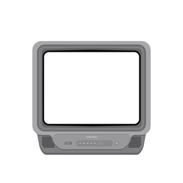 Retro CRT TV mockup with blank white screen, front control panel, and RCA ports. Vintage analog television vector isolated on white background.