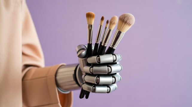 Bionic prosthetic hand holding makeup brushes for advanced robotic technology concept