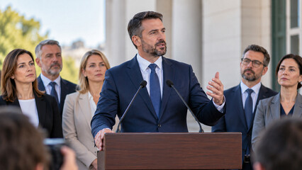 Obraz premium Male politician giving speech at podium during outdoor press conference with team