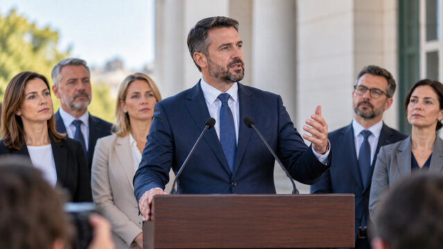 Male politician giving speech at podium during outdoor press conference with team
