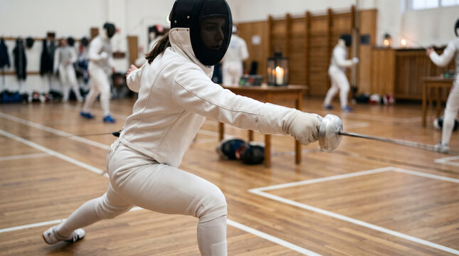 Fencer in protective gear lunges forward with sword during a match