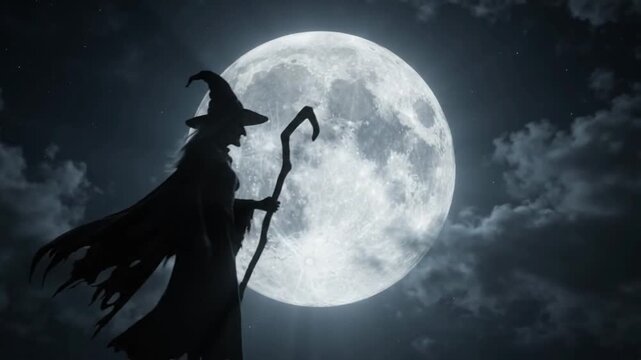 Witch Silhouette Walking Past Large Full Moon at Night