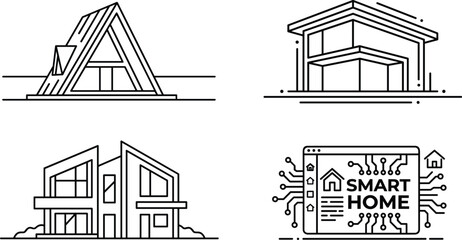 Naklejka premium Smart Home and Modern Architecture Icon Set Featuring A Frame Cabin Contemporary Villa Luxury Duplex and Digital Automation Control Interface Graphic