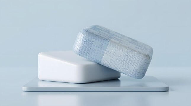 Rectangular blocks with grid pattern rest on a pale blue surface