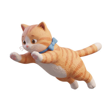 Cute 3D claymorphism ginger cat jumping mid air dynamic pose isolated