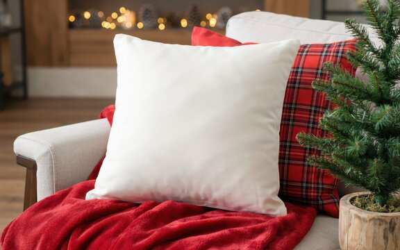 Blank white throw pillow mockup on a cozy holiday couch