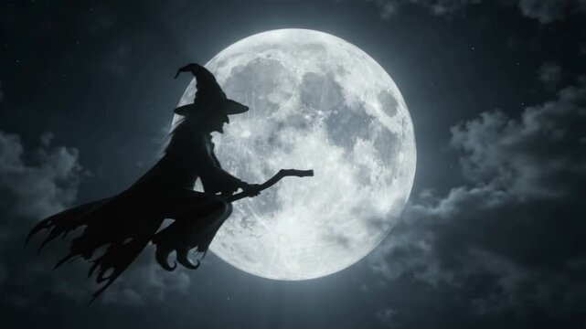 Silhouette of Witch Flying on Broomstick Across Full Moon