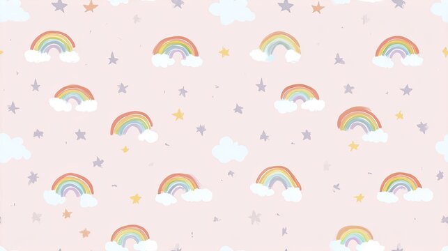 Seamless pastel rainbow pattern with soft clouds, stars and tiny dots on a blush pink background, dreamy nursery illustration and cute kids surface design