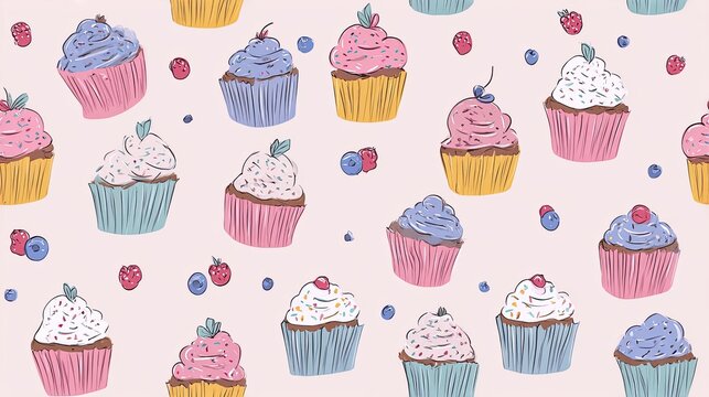 Seamless cupcake pattern with colorful frosting, berries and pastel wrappers on a light background, sweet bakery illustration and playful dessert surface design