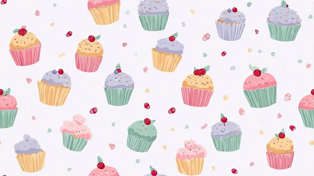 Seamless cupcake pattern with pastel frosting, berries and colorful wrappers on a white background, cheerful bakery illustration and dessert surface design