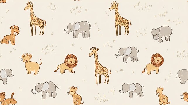 Seamless safari pattern with giraffes, elephants and lions on a cream background, cute nursery animal illustration and playful kids surface design