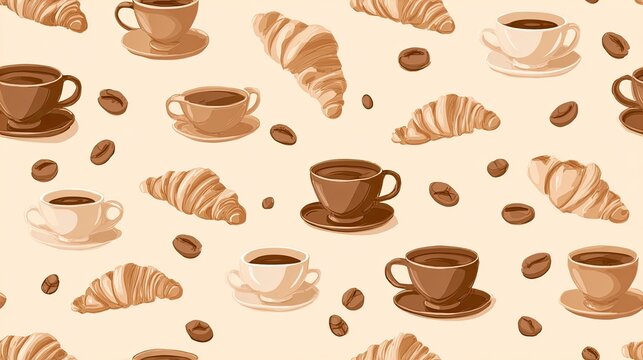 Seamless cafe pattern with coffee cups, croissants and roasted beans on a warm cream background, cozy breakfast illustration and bakery surface design
