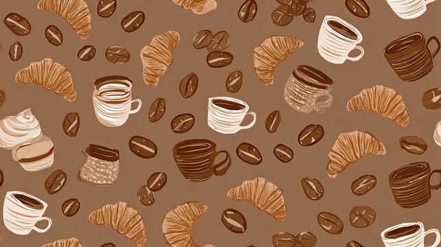 Seamless coffee pattern with cups, croissants and roasted beans on a warm brown background, cozy cafe illustration, bakery and breakfast surface design