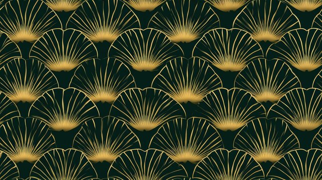 Dense seamless Art Deco fan pattern with layered emerald green curves and glowing golden centers on a dark background, luxury vintage surface design
