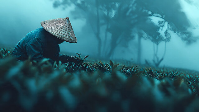 Close-Up of Tea Picker Plucking Fresh Leaves in Moody Blue Atmosphere